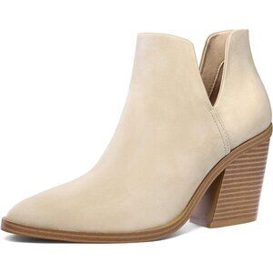 Mysoft Women's Off White Pu Chunky Mid Heel Slip on Toe Stacked Ankle Boots